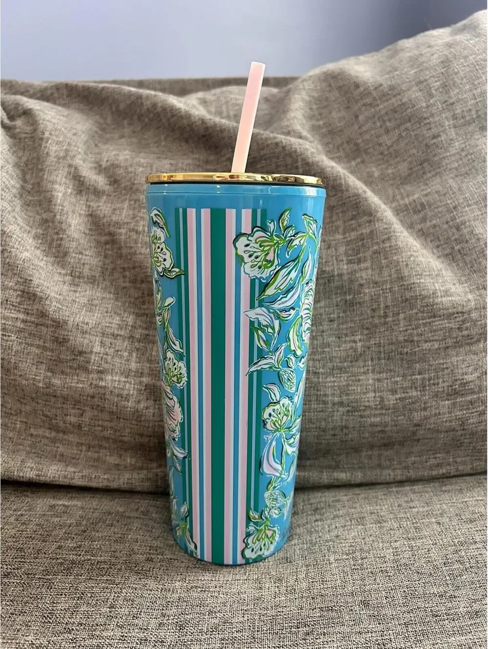 Lilly Pulitzer Tumbler In Cumulus Blue Chick Magnet Double Wall Gold Lid Straw